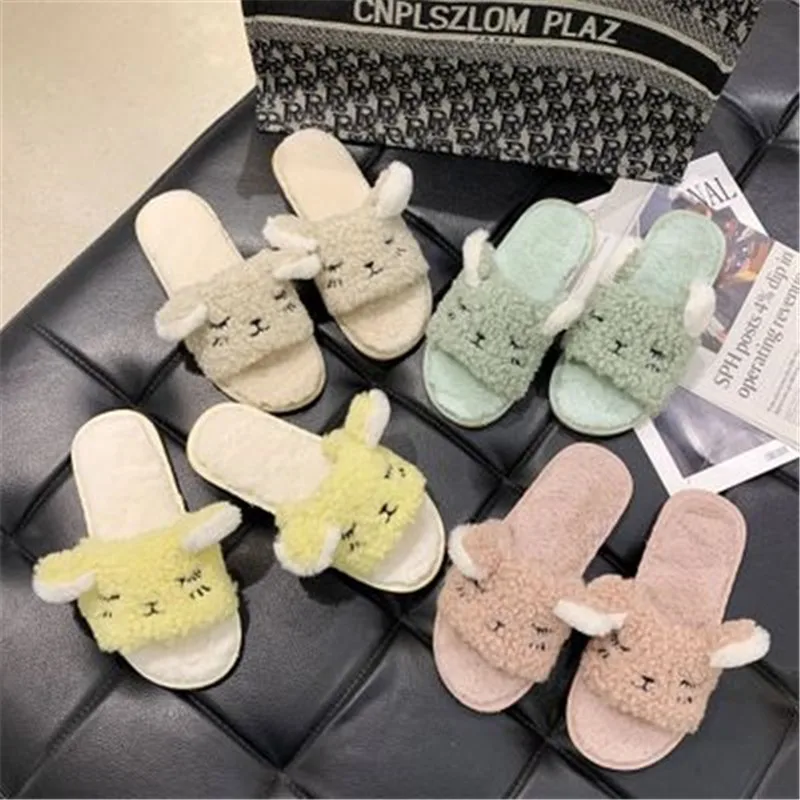 Женские пушистые тапочки зимняя теплая меховая обувь женские Симпатичные