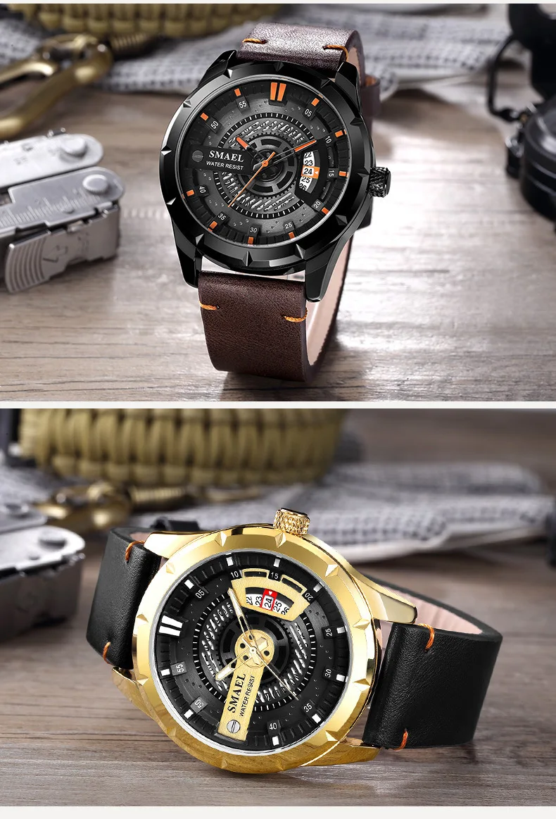 Мужские водонепроницаемые кварцевые часы с календарем и ремешком из натуральной