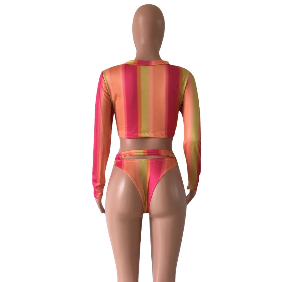 

Colorful Vertical Striped Summer 2 Piece Suit Women Full Sleeve O Neck Crop T Shirt And Sexy Gradient Hollow Beach Shorts DN8081