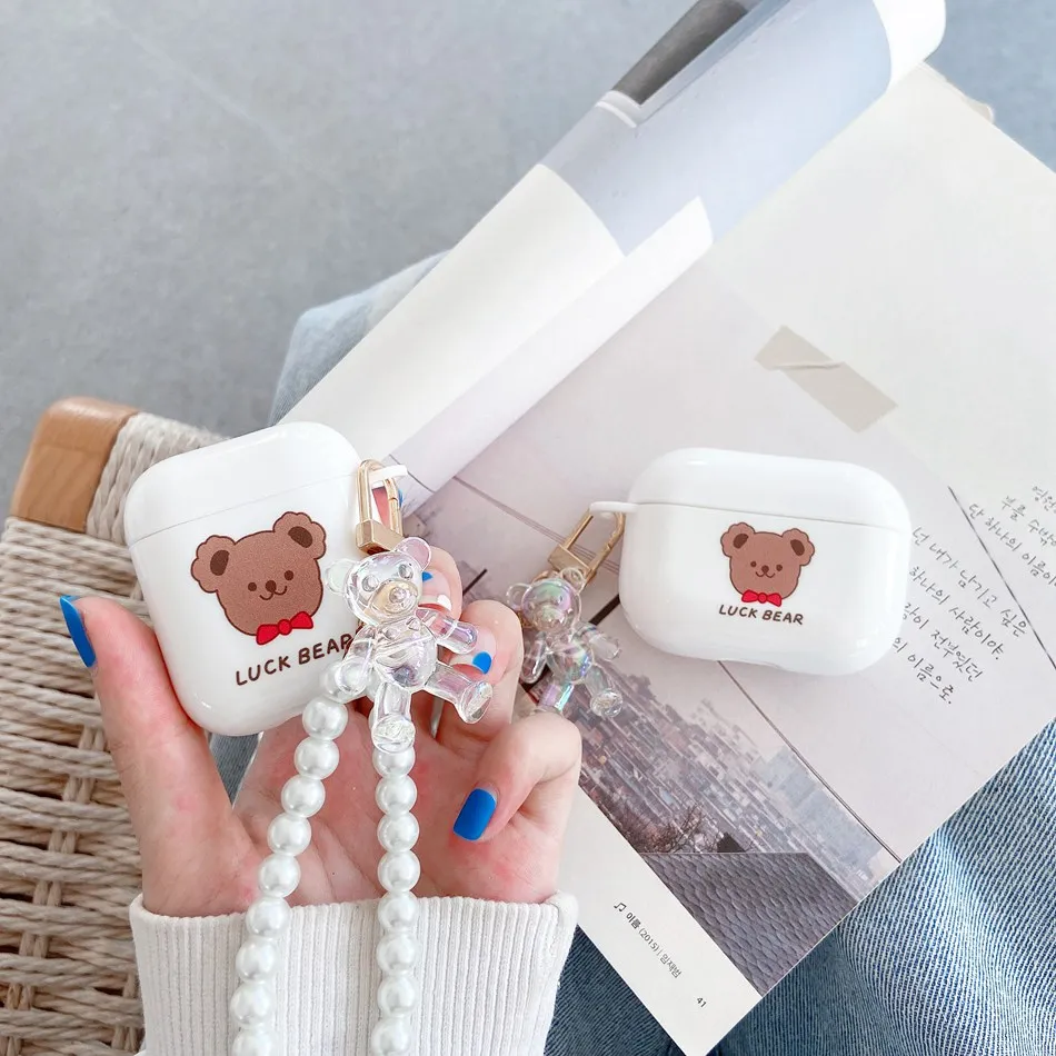 

For AirPods Pro / AirPods 1 2 Headphone Case Cute Korea bear luxury Lanyard Chain Earphone Protection Cover Air Pods 2 case