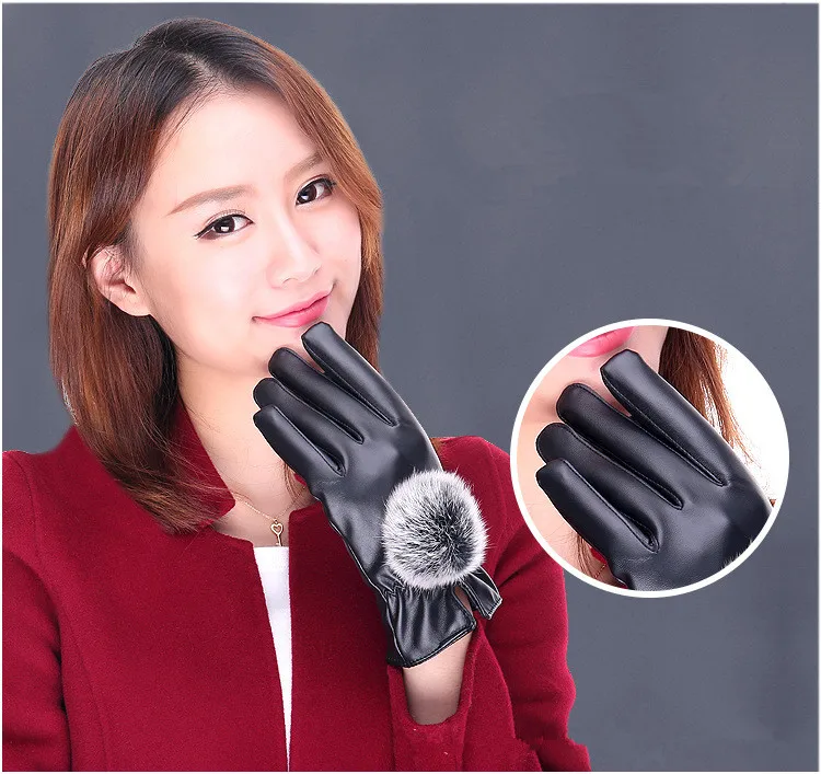 1 пара искусственная кожа модные женские зимние Элегантные перчатки кроличий мех