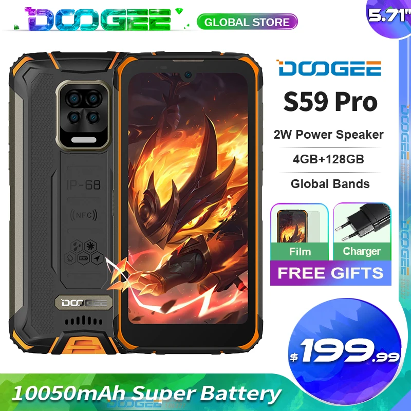 Doogee S59 Pro прочный мобильный телефон 10050 мАч супер Батарея 4 Гб + 128 ГБ 5 71 ''Android10.0
