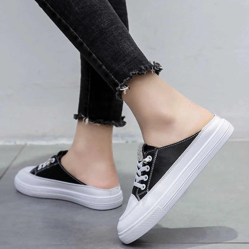 

2021 summer lazy net red round head Baotou thick bottom heel one pedal half drag polyurethane bottom white slippers women