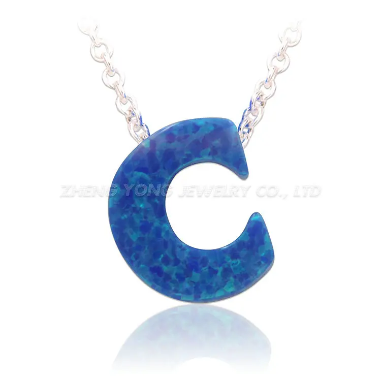 26 Letters Opal Necklace OP05 Blue Initial with Silver Plated Brass Chain |