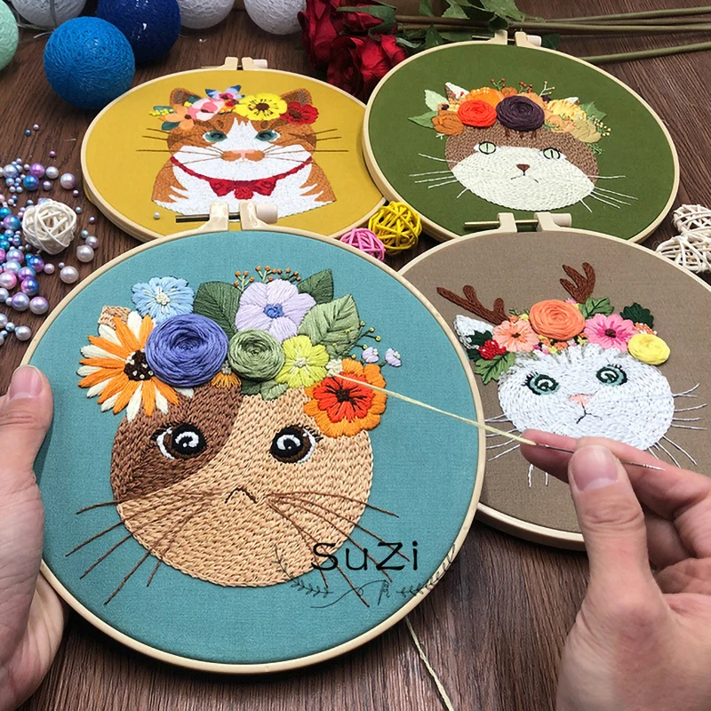 

Cartoon Cat Ribbon Embroidery Kit Hoop DIY Cross Stitch Kit Handwork Needlework Painting for Beginners Borduurpakket Kruissteek
