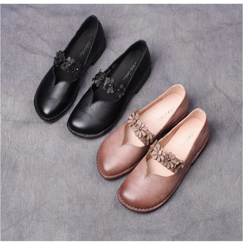 2021 Vintage Floral Genuine Leather Flat Shoes Spring Summer Casual Women Flat Shoes Comfortable Hand-stitched Soft Bottom Shoes