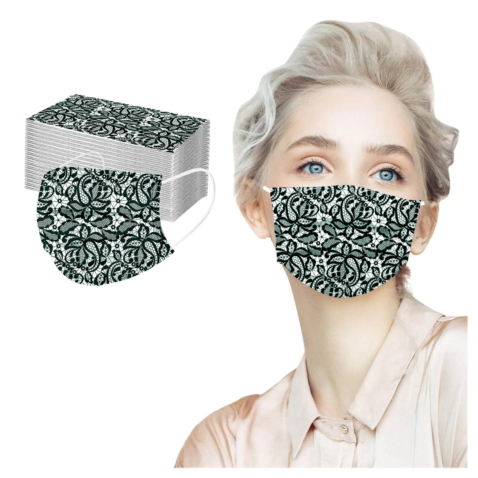 

100PCS Adult Mask Lace Print Disposable Face Mask 3-layer high-density protection Ear Loop Dustproof Windproof PM2.5 Face Cover