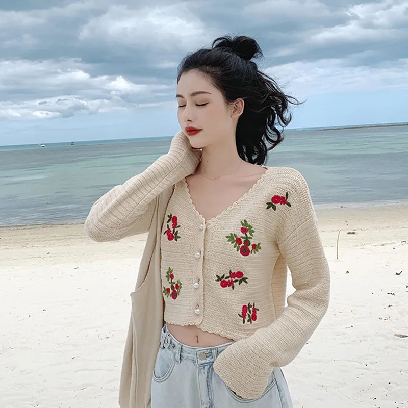 Женский модный спортивный костюм из 2 предметов с вышивкой вязаный укороченный