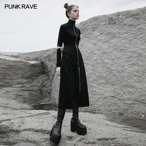 Женское трикотажное пальто в стиле Панк RAVE, длинное повседневное приталенное пальто с высоким воротником и вышитым логотипом, шерстяная Верхняя одежда на молнии с открытым хвостом