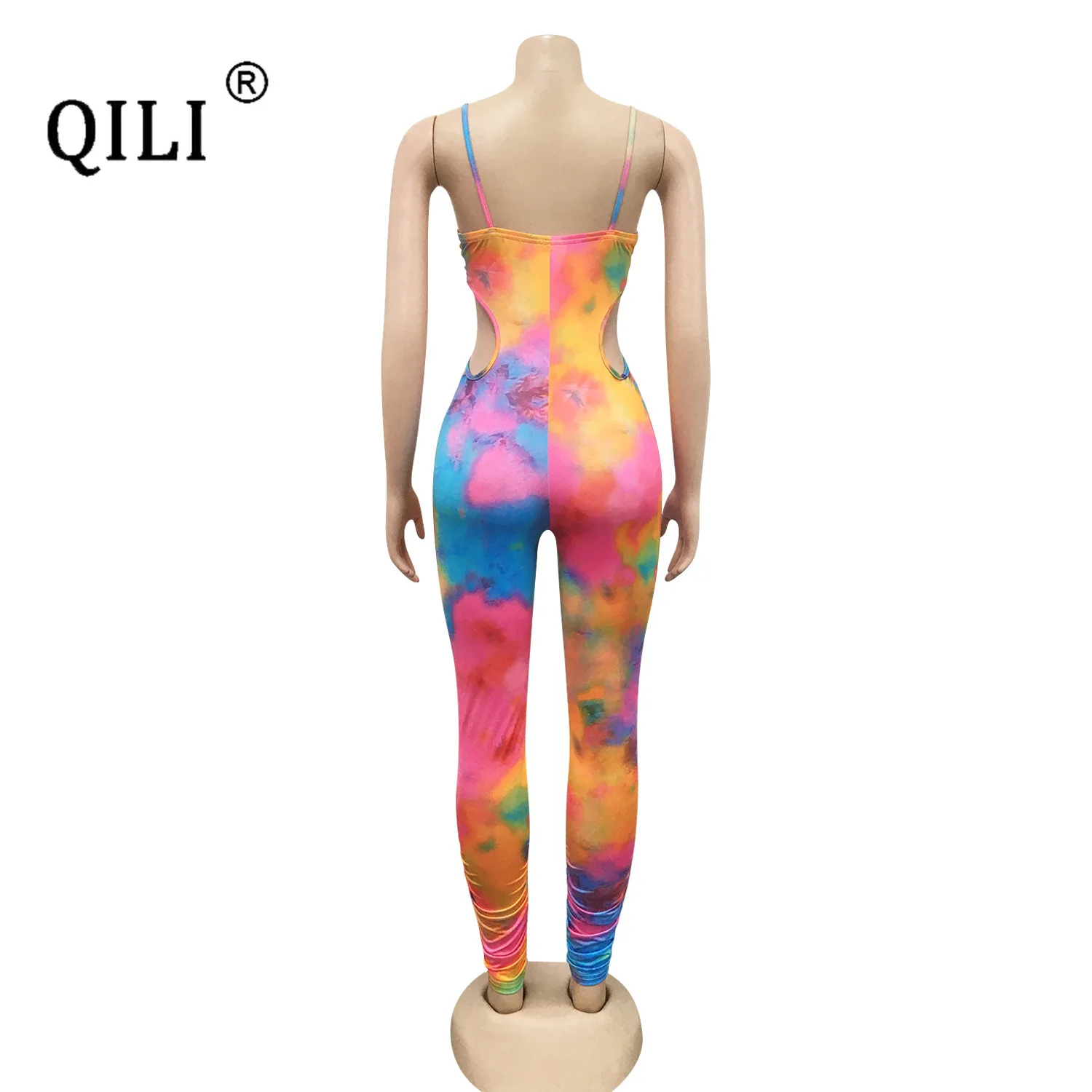 QILI Fashion Painted Sleeveless Sexy Suspenders Wrapped Chest Strap Trousers Jumpsuit Women Lace Up Sexy Jumpsuits