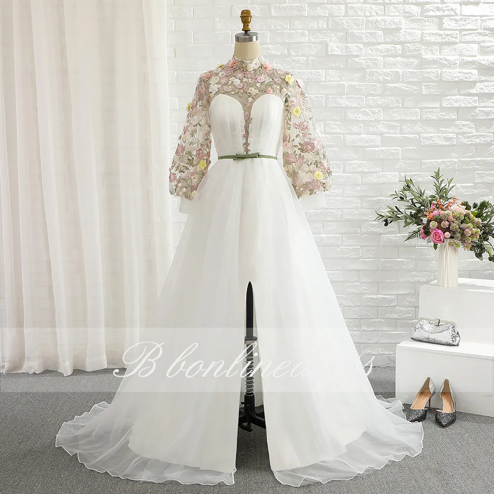 vestidos White Prom Dresses 2020 High Collar Long Evening Dress 3D Flower Split Formal Party Gowns robe de soiree Plus Size | Свадьбы и