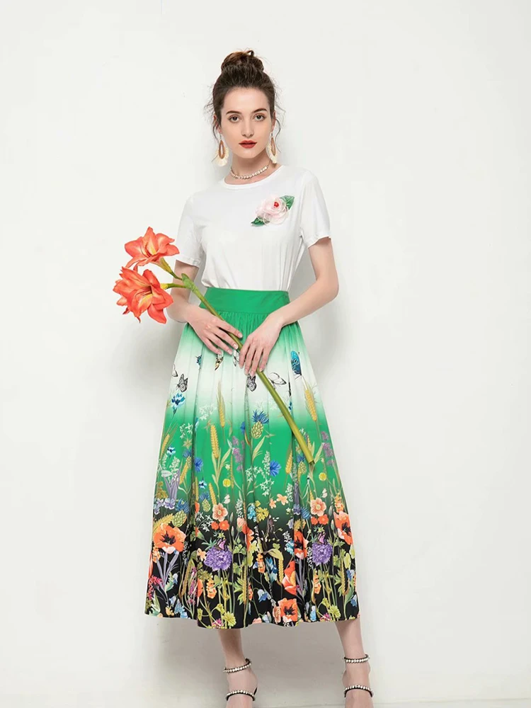 

White floral women's t-shirt 2021 + green print and calf skirt fashion suit women's summer fashion 2021women elegant