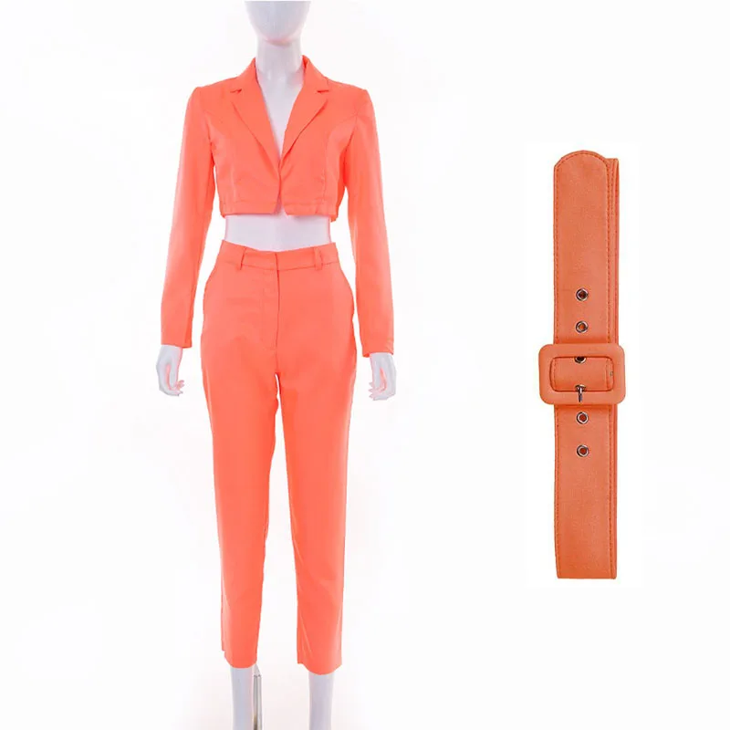Orange Осенне-зимние женские спортивные костюмы, короткие блейзеры, длинные штаны, офисные женские комплекты с длинным рукавом, неоновая уличная одежда GV618 - Цвет: Orange