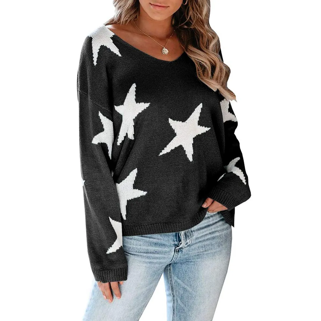

Women Sweater Pullovers Star Pattern Vintage Long Sleeve Jumpers 2020 Autumn Winter Ladies V-neck Sweaters Pullovers