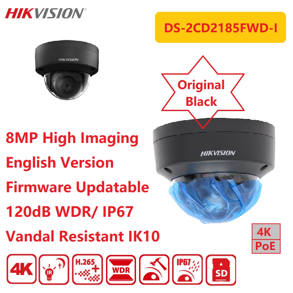 

IP-камера Hikvision, 4K, черная, DS-2CD2185FWD-I/B, 8 Мп, ИК-сеть, PoE, Doom, антивандальная, водонепроницаемая, высокое качество изображения