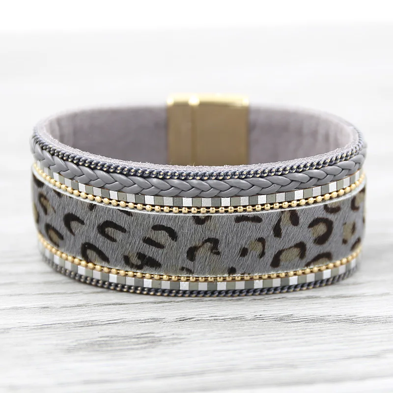 Леопардовый кожаный браслет для женщин винтажный меховой широкий массивные