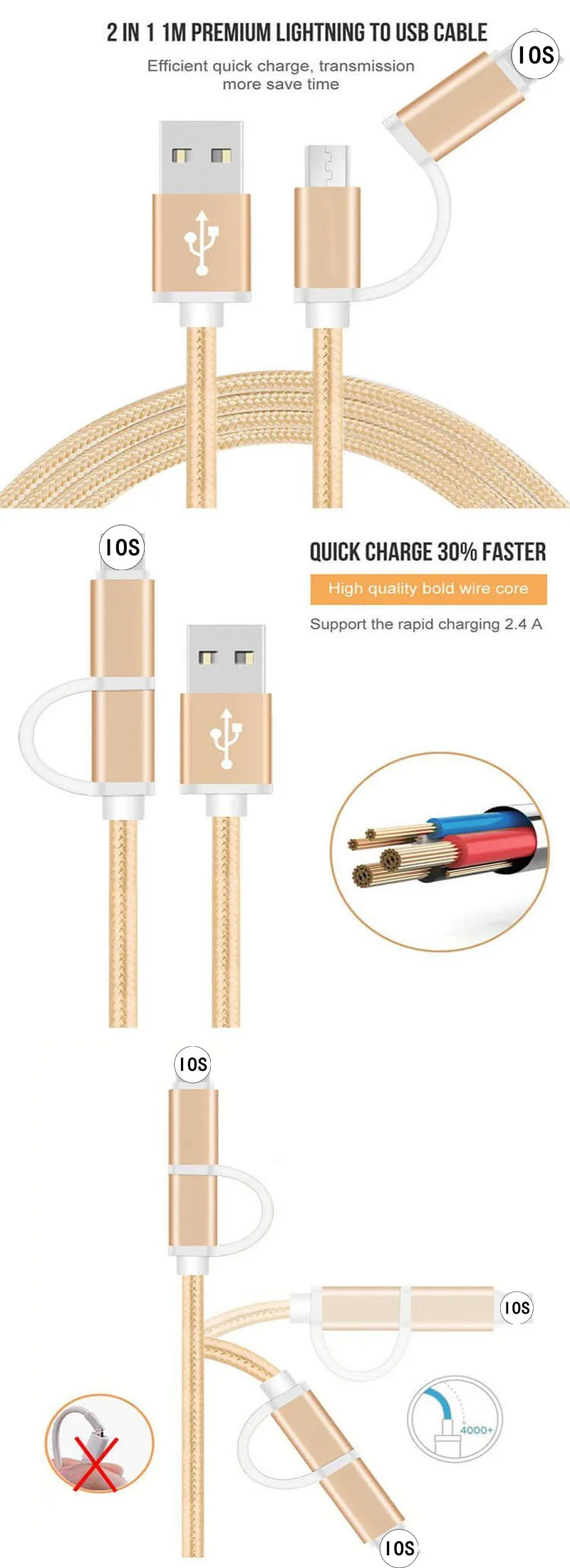 2 в 1 Многофункциональный зарядный кабель Micro 8 Pin нейлоновый плетеный для iPhone м |