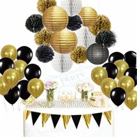 1 set mixed black gold banner white paper lantern tissue pom poms honeycomb balls balloons birthday graduation party decor