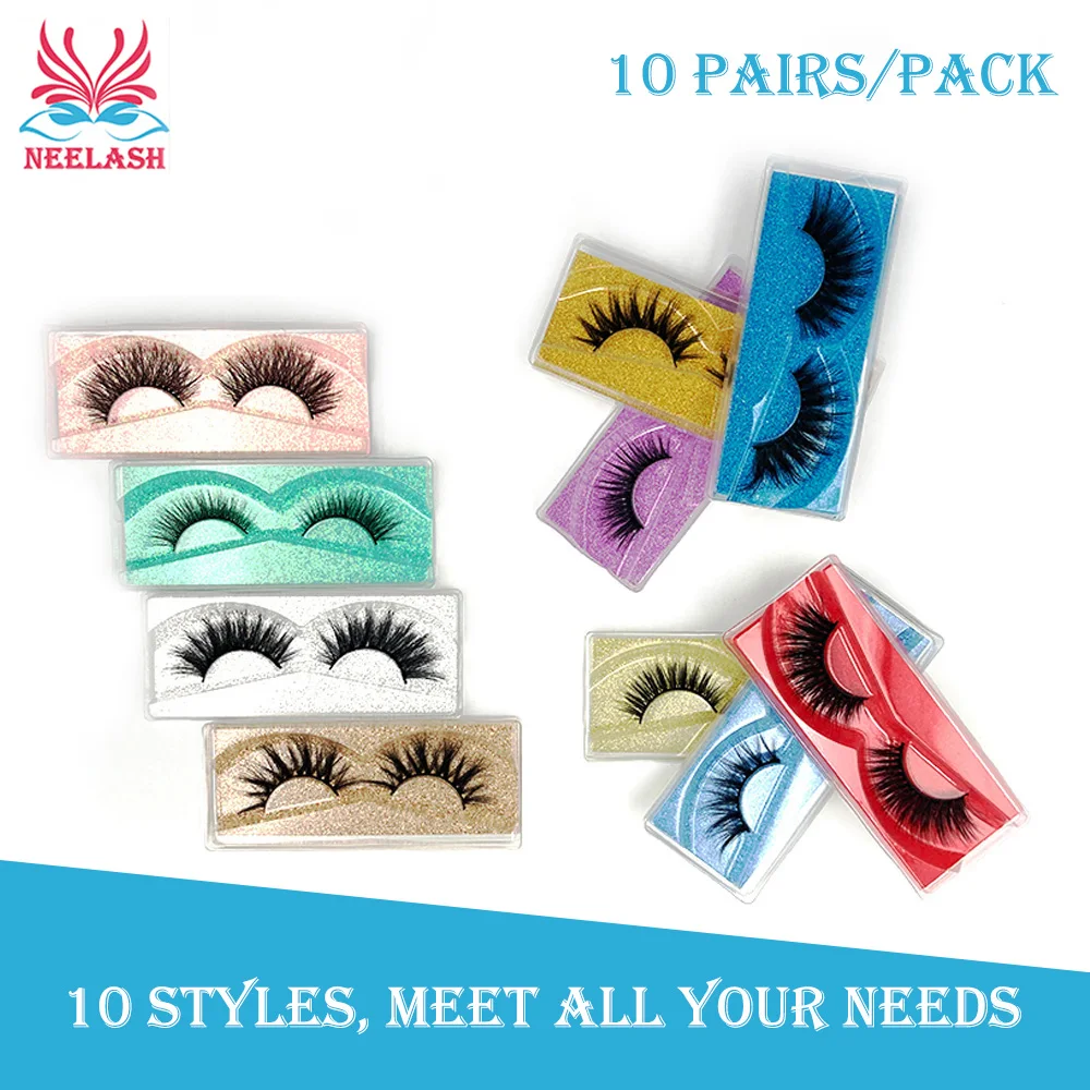 

NEELASH Eyelashes 10 Pairs 10 Styles 3D False Lashes Dramatic Faux Cils Silk Fake Eyelash Wispy with Glitter Portable Box