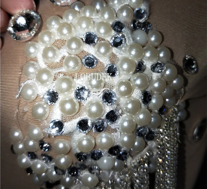 

See-Through Pearl Rhinestones Fringes Dress Stage Wear Singer Evening Performance Mesh Tassel Dress Birthday Crystal Short Dress