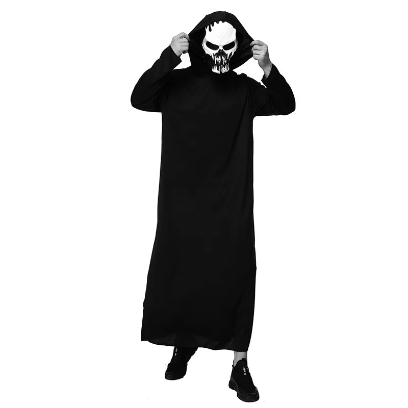 

Страшная Мужская накидка для косплея на Хэллоуин длинный черный костюм для вечерние сценического представления наряд с черепом маска плащ...