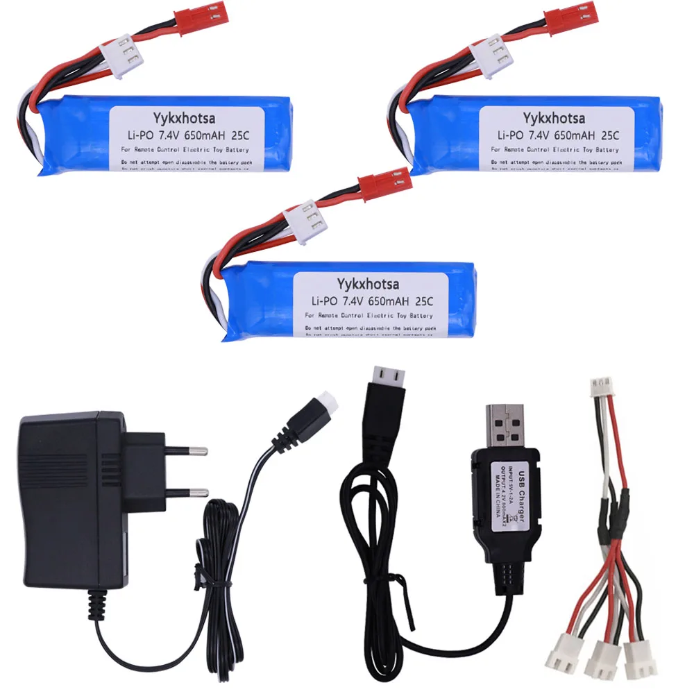 Литий-полимерный аккумулятор для WLtoys A202 A212 A222 A232 A242 A252 4WD RC автомобиля 7,4 в 650 мач с зарядным устройством 3 в 1 набор кабелей 2S 7,4 в Lipo аккумулятор