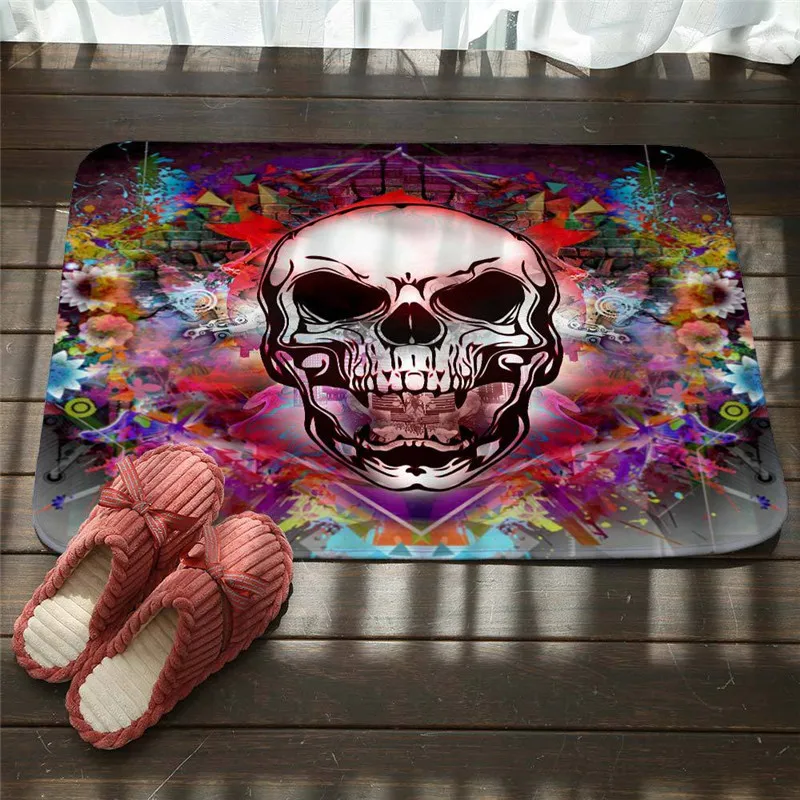Противоскользящий коврик с изображением цветов черепа девушки дверной мандала