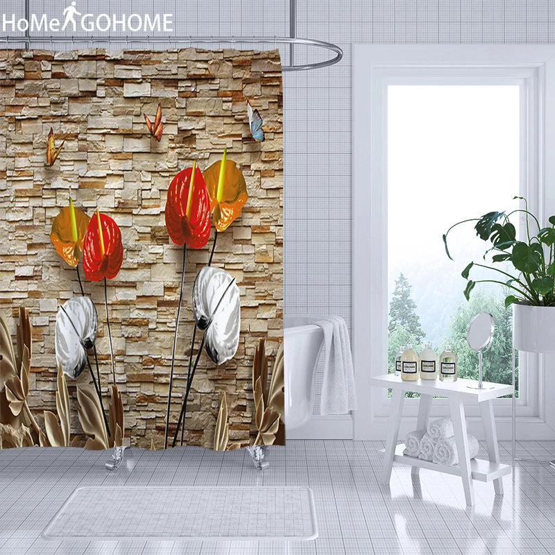Водостойкая занавеска для душа с кирпичной стенкой цветочными маками 3D из