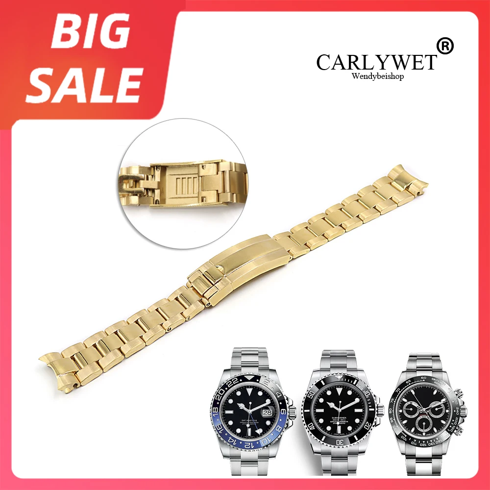 

CARLYWET 20mm Gold Silver Solid Curved End Screw Links Glide Lock Clasp Steel Watch Band For Rolex OYSTER Daytona GMT Submariner