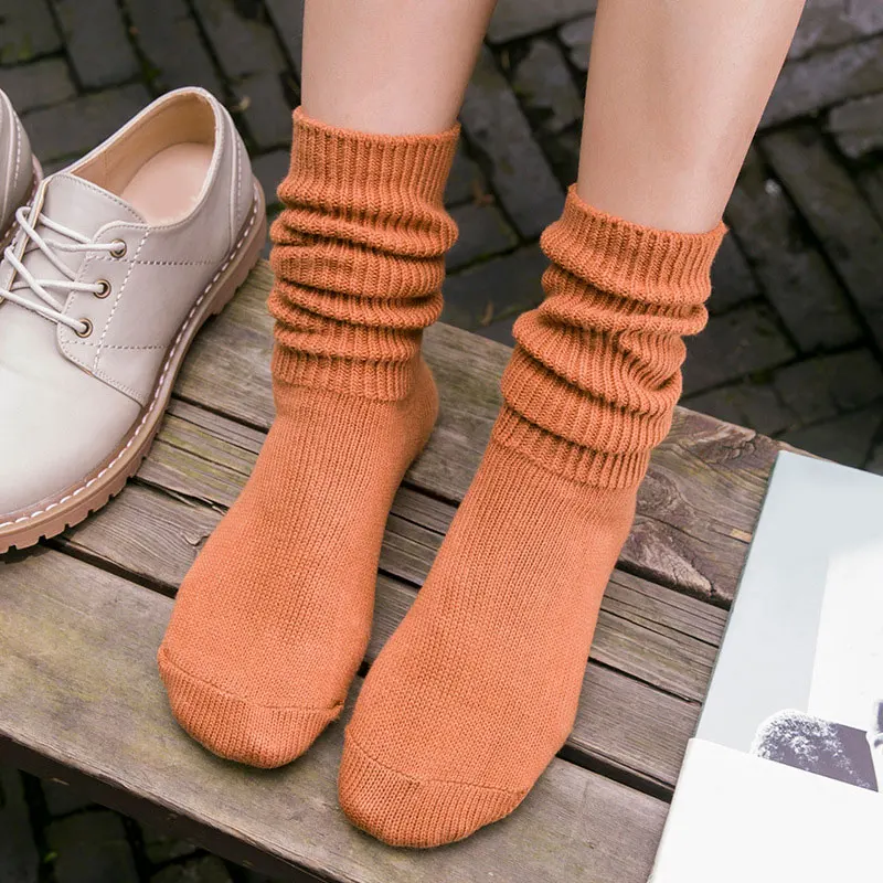 Женские носки с ворсом японские средней длины осенне-зимние однотонные