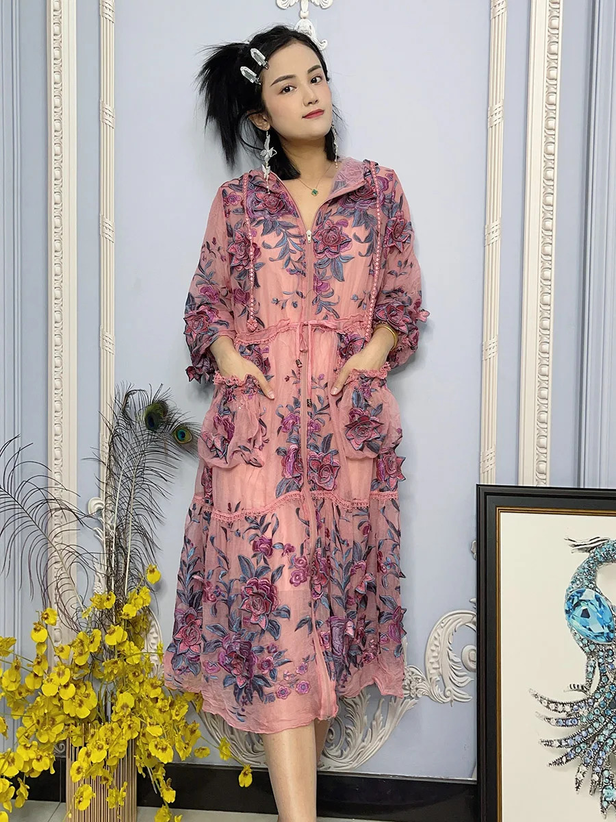 

Silk embroidered dress coat loose retro embroidered hooded lace up cardigan fashion holiday seaside waist long skirt