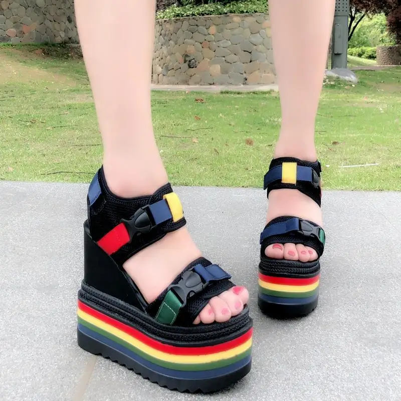 

14cm muffin thick bottomed hollow waterproof platform slope heel fish mouth sandals women's summer new super high heel shoes