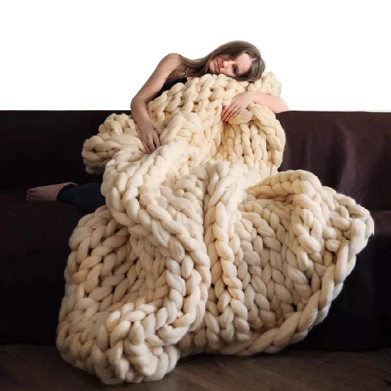 

Hand Chunky Knitted Blanket Thick Yarn Merino Wool Bulky Knitting Throw Nordic Knitted Blankets on the beds Fluffy sweater