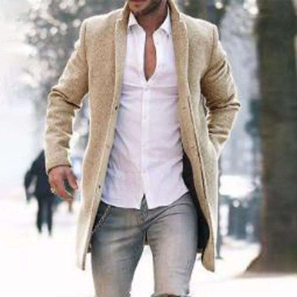 

Пальто мужское шерстяное однобортное, длинное однотонное, утепленное, с карманами, с лацканами, повседневное Облегающее, Осень-зима