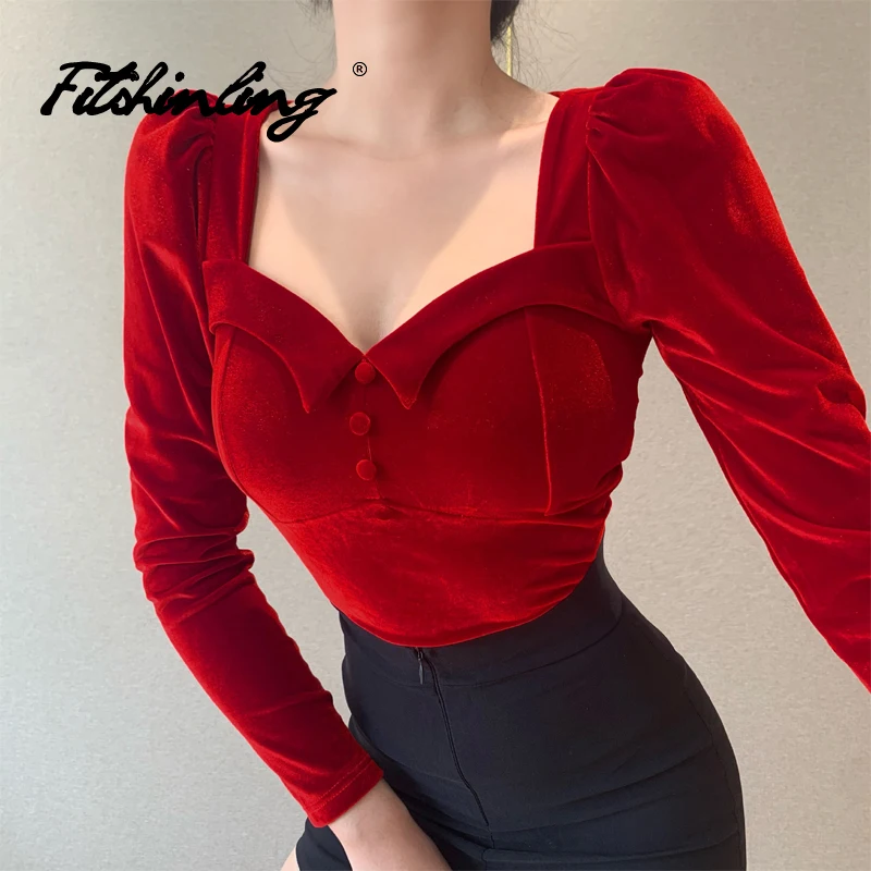 

Fitshinling Goth Velvet Sweetheart Collar Long Puff Sleeve Ropa T-shirt Slim Gothic Basic Tees Sheath Elegant Solid Dark Punk
