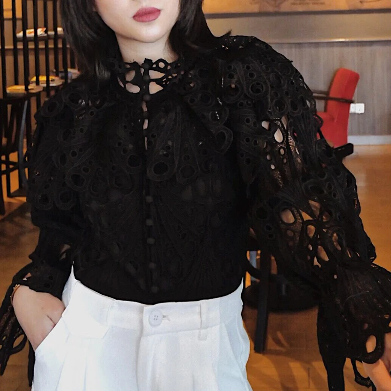 

Women Blouses 2021 Fashion Vintage Lace Cardigan Black Puff Sleeve Long Sleeve Top Women Shirt High Quality