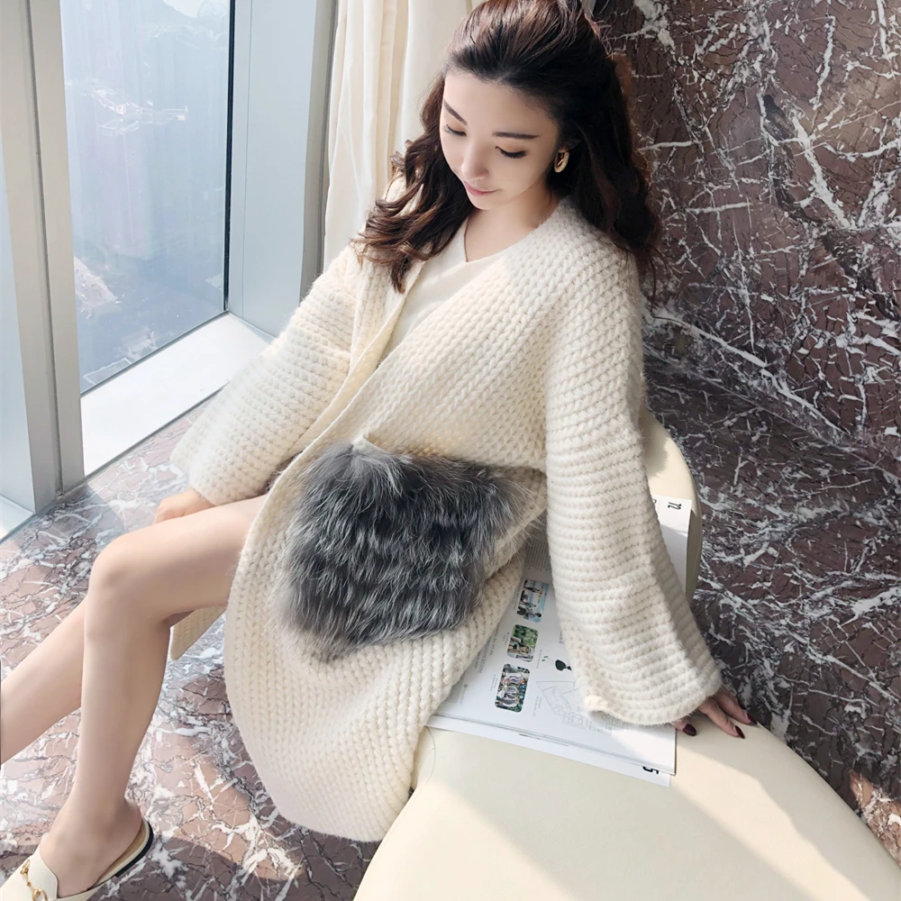 Корейский женский толстый белый шерстяной кардиган элегантный длинный