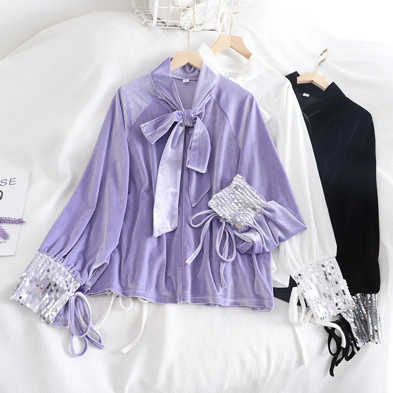 Весенние женские фиолетовые блузки Женская велюровая блузка дамские рубашки с