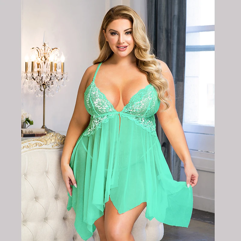 Comeondear Plus Size Sleepwear Women's Night Dress Front Closure Chemise De Nuit Femme Sleep Tops Mesh Lace Pijamas Women Sexy