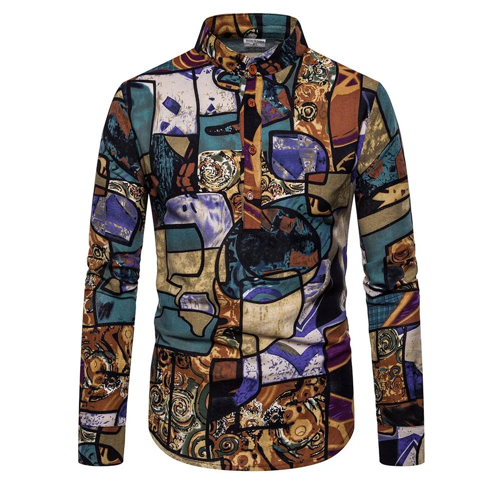 

2021 Men's Large Size Long Sleeve Printed Shirt Cotton Linen Fashionable Fitted Long Sleeve Shirt