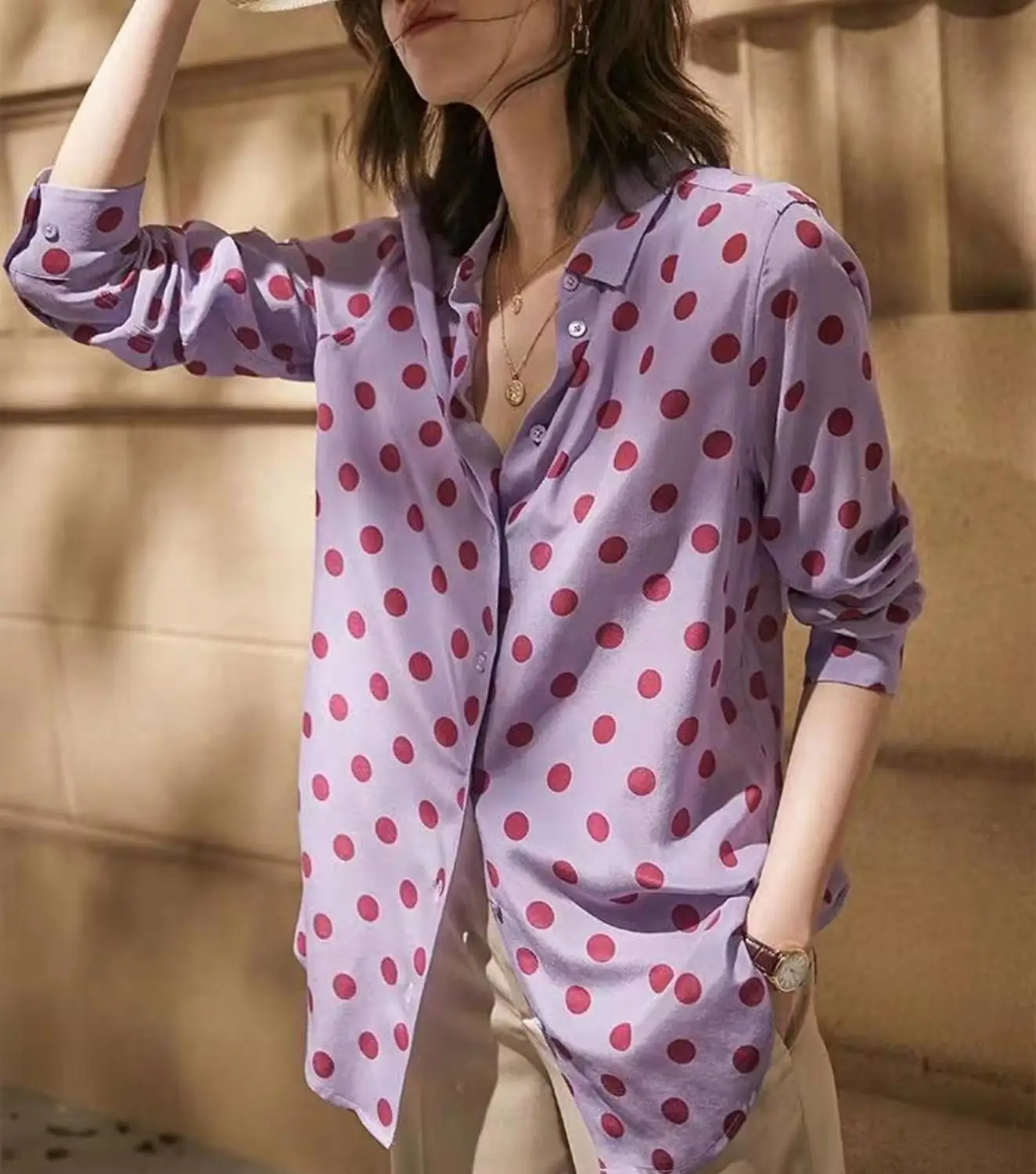 100% Шелковая фиолетовая женская рубашка в горошек с принтом винограда топы