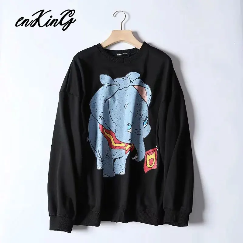 Black Pink Cartoon Lion King Print Women Hoodie Long Sleeve O Neck Ladies Za Sweatshirt Casual Womens Hoodies Pullover - Цвет: BLACK ELEPHANT