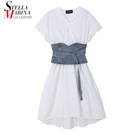 Женское джинсовое платье, белое ТРАПЕЦИЕВИДНОЕ ПЛАТЬЕ С V-образным вырезом, модель элегантная булавка на лето, с поясом с коротким рукавом