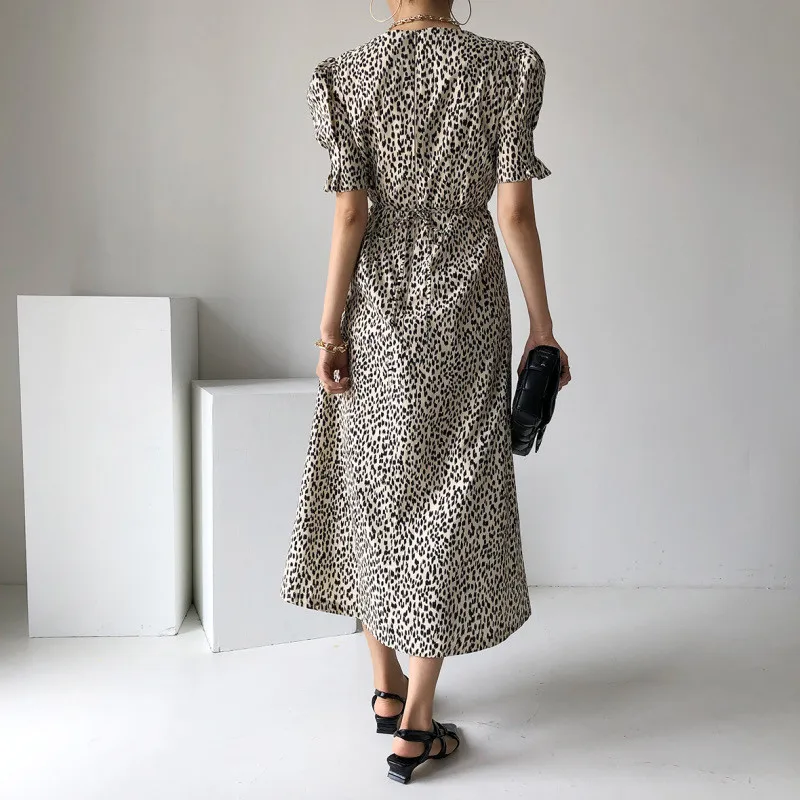 

Leopard print summer woman dress V Neck High Waist Casual holiday dresses women puff Sleeves A-Line vestidos 2021