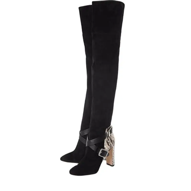 

Patched Buckle Strap Across Fasten Over Knee Boots Zipper Sexy Python Leather Women Chunky Heel Thigh High Long Botas Shoes