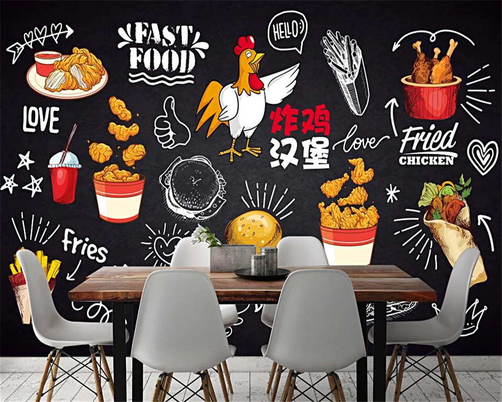 Custom 3d mural blackboard hand-painted fried chicken burger wallpapers dining gourmet fast food french fries background wall