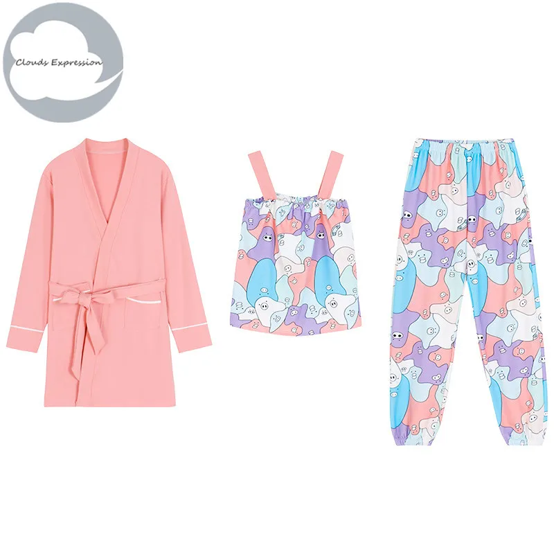 

New Arrival 100% Cotton 3 Piece sets Elegant Women's Pajama Sets Female Sleepwear Lady Pyjamas With Pad Lounge Home Clothing