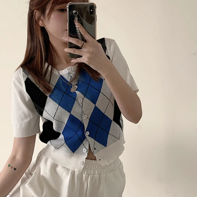 

JMPRS Women Argyle T Shirt Fashion Knitted Single Breasted Slim Korean Girls Short Tees Crop Casual Short Sleeve Summer Tops