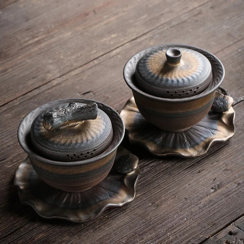 

Vintage Ceramic Gaiwan Tea Cup Handmade Tureen Lid Bowl Chinese Tea Bowl Saucer Jingdezhen Tea Set Kung Fu Personal Teaup Gift