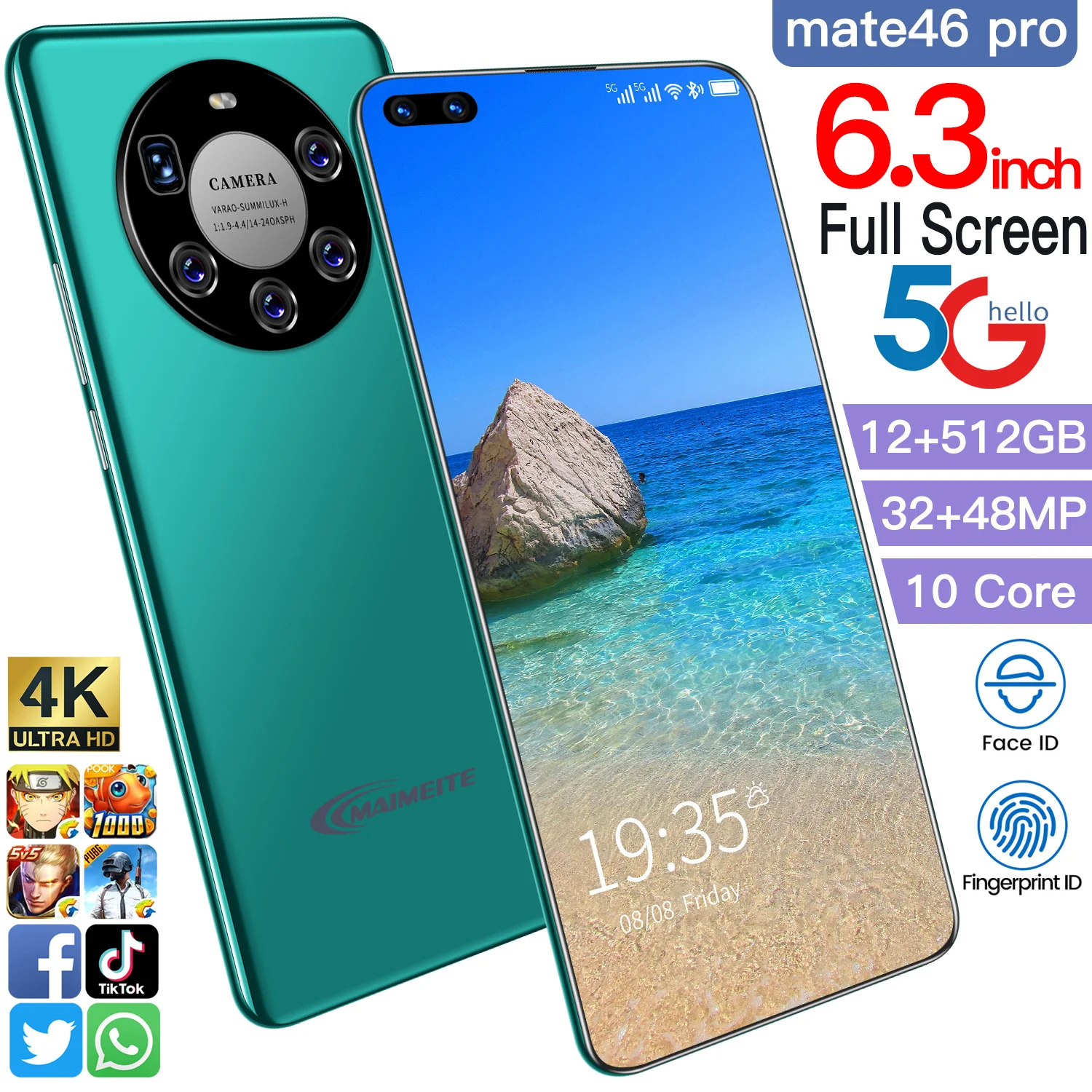 

Mate46 Pro Hot Sale Fullscreen 5G Smartphone 6.3Inch 32MP+48MP 12+512GB 10Core MTK6889 5600MAH Face ID Dual SIM Android 10.0